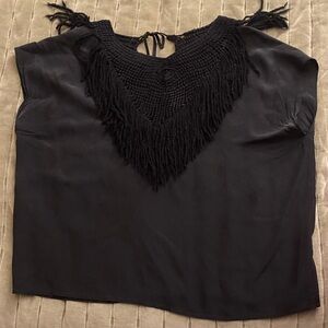 Ulla Johnson Black Fringe Crochet V-Neck Blouse